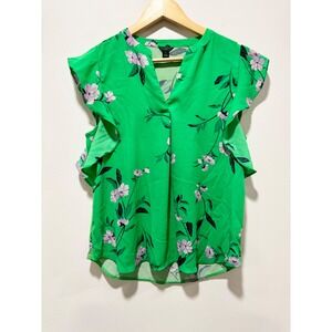 Ann Taylor Green Floral Ruffle Cap Sleeve Split V-Neck Blouse Petite Small SP